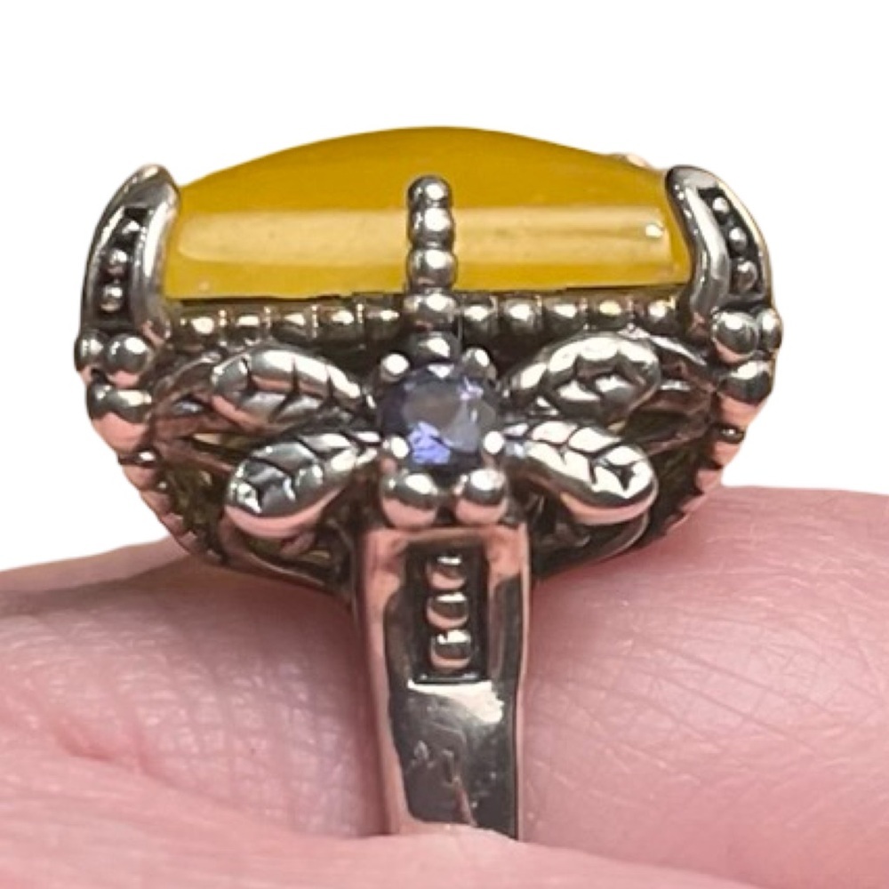 Sterling Silver Baltic Amber Dragonfly Purple Stone Ring Size 8